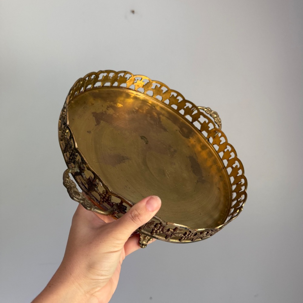 Vintage Brass Round Gallery Tray Grape Leaf Pierced Rim Footed Handle 10.5in